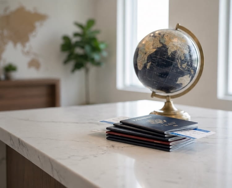 Passport acceptance facility office with a globe