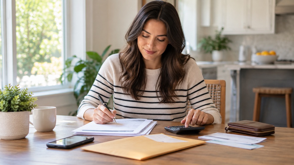 A woman sits at a dining table calculating expenses while filling out paper documents.