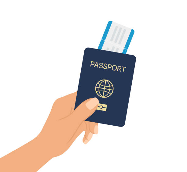 Hand Holding Passport And Boarding Pass On White Background. Mobile passport control.